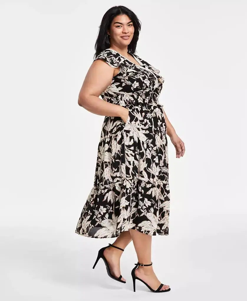 Plus Size Printed V-Neck Fit & Flare Dress