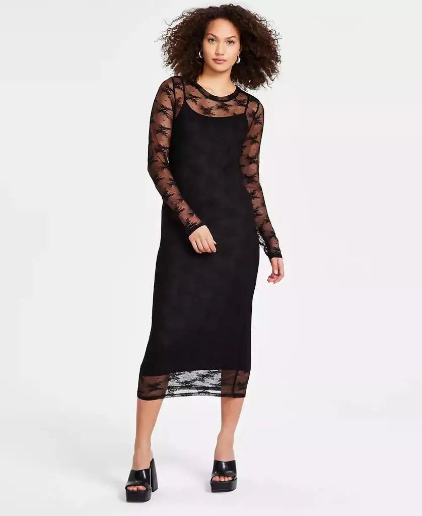 Women's Lace Long-Sleeve Crewneck Midi Dress