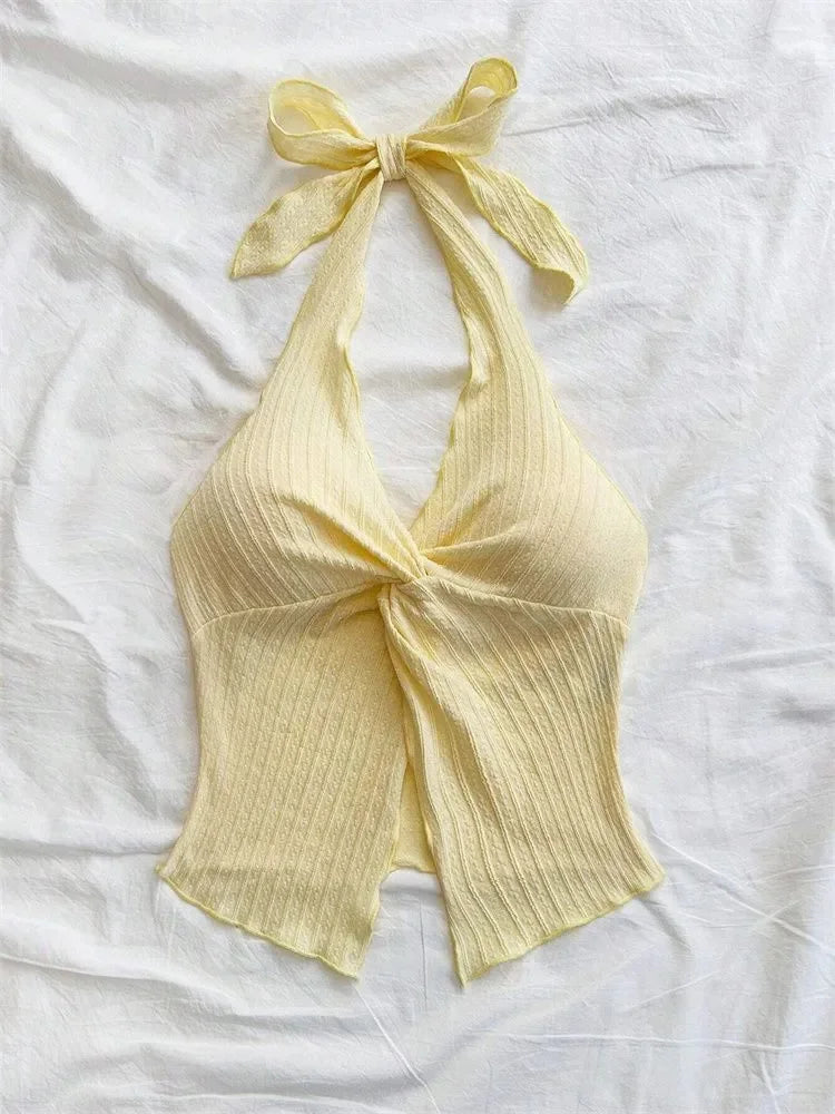 Yellow V-neck Halter Neck Top for Women