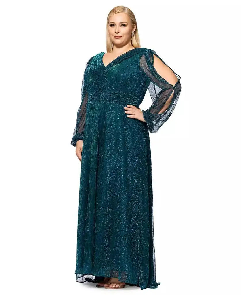 Plus Size Metallic Pleated Split-Sleeve Gown