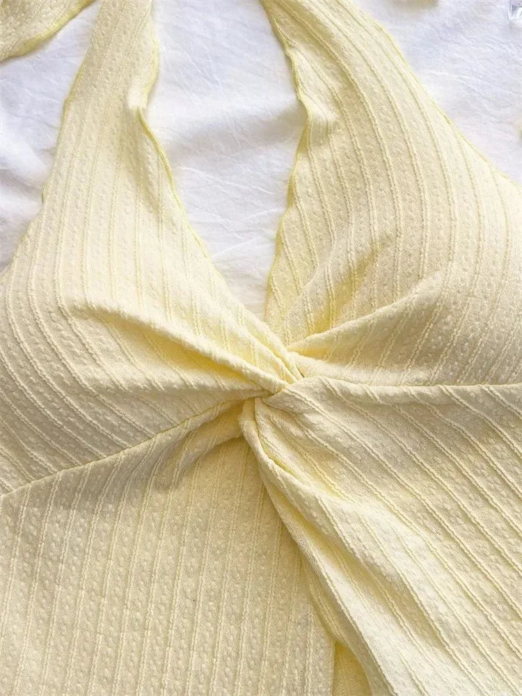 Yellow V-neck Halter Neck Top for Women