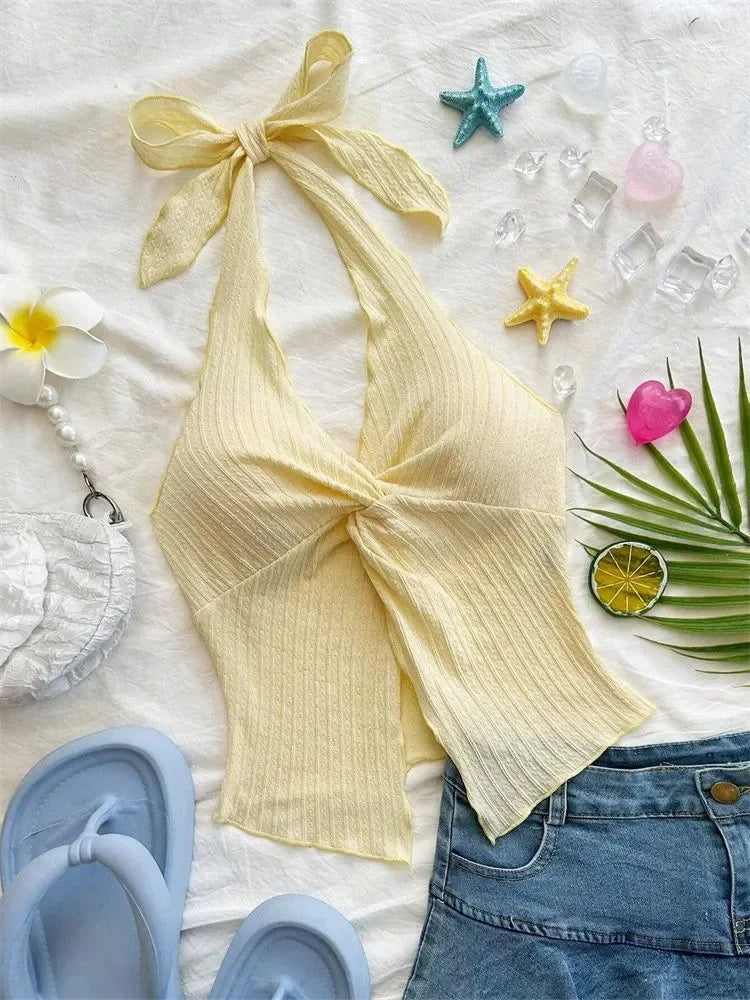 Yellow V-neck Halter Neck Top for Women