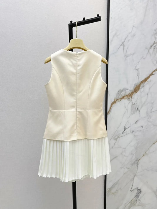 Women's French-style Waist-Belted Bow-Tie Contrasting Sleeveless Dress