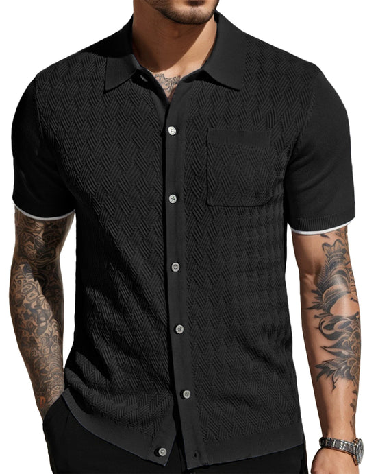 Men's Casual Short Sleeve Knit Textured Button Shirt