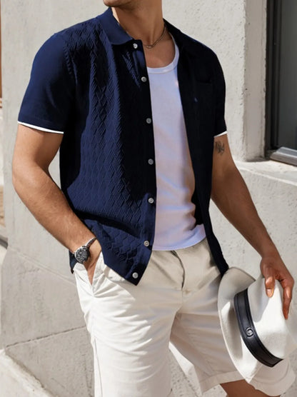 Men's Casual Short Sleeve Knit Textured Button Shirt