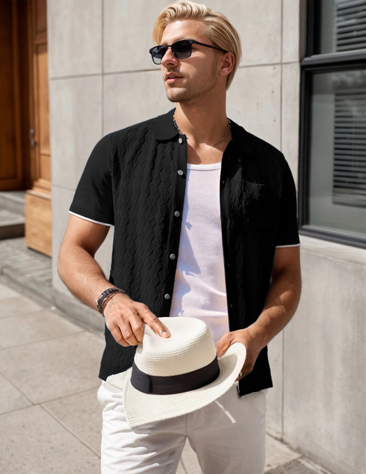 Men's Casual Short Sleeve Knit Textured Button Shirt