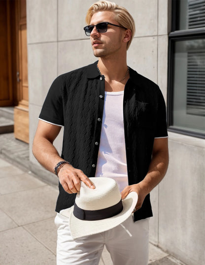 Men's Casual Short Sleeve Knit Textured Button Shirt