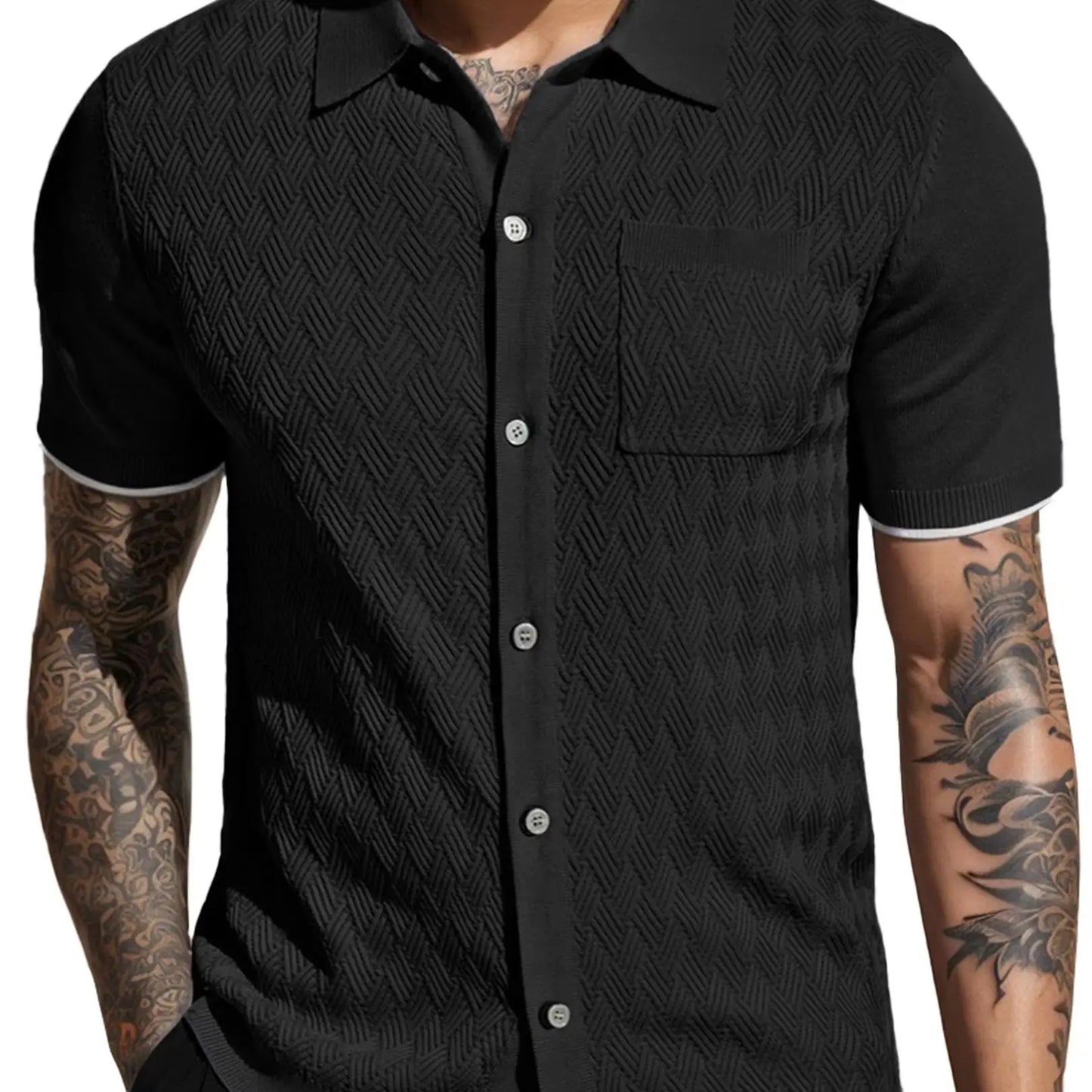 Men's Casual Short Sleeve Knit Textured Button Shirt