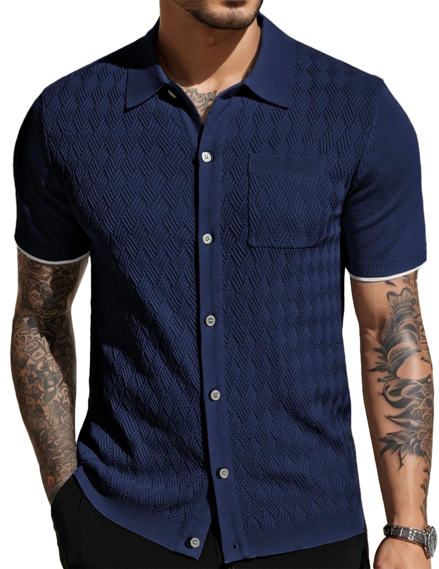 Men's Casual Short Sleeve Knit Textured Button Shirt