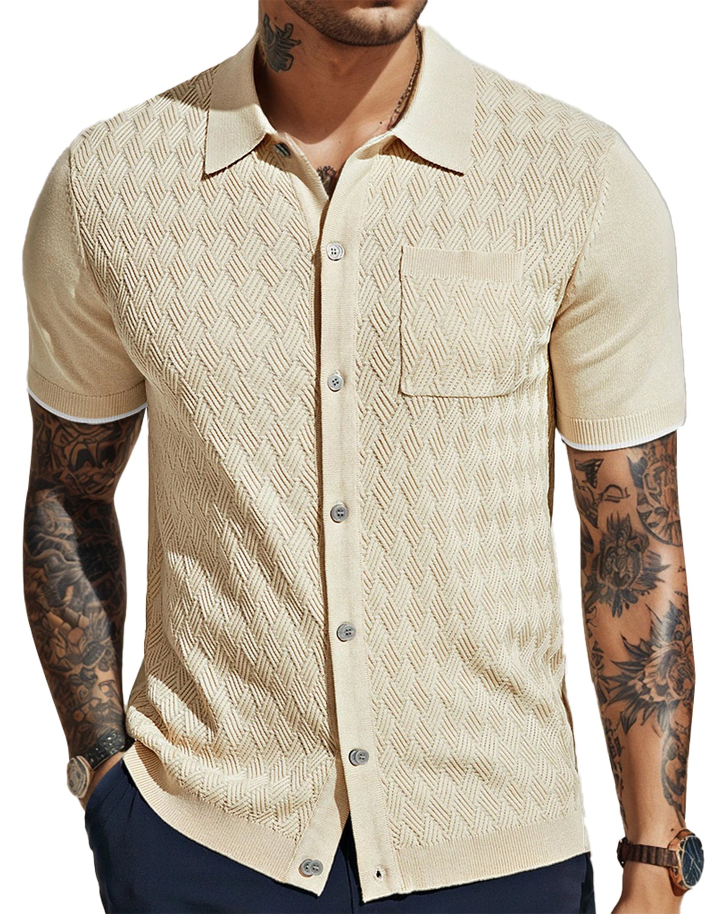 Men's Casual Short Sleeve Knit Textured Button Shirt