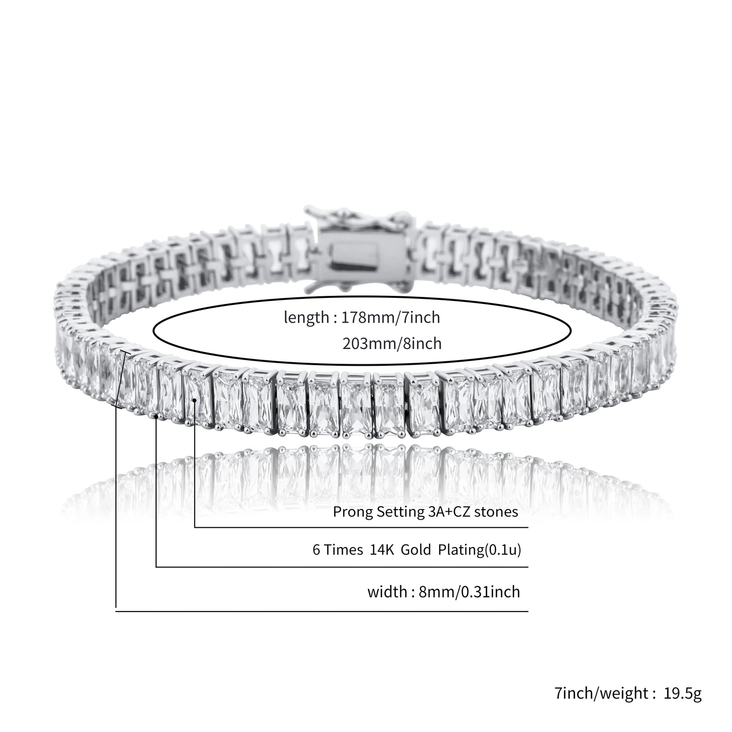 New Baguette 8mm Tennis Chain Bracelet Iced Out Cubic Zirconia