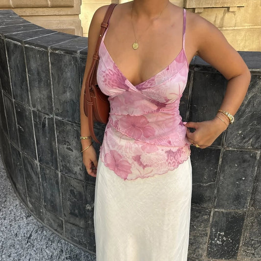Women Summer Vintage Sleeveless Spaghetti Strap Floral Print Crop Top