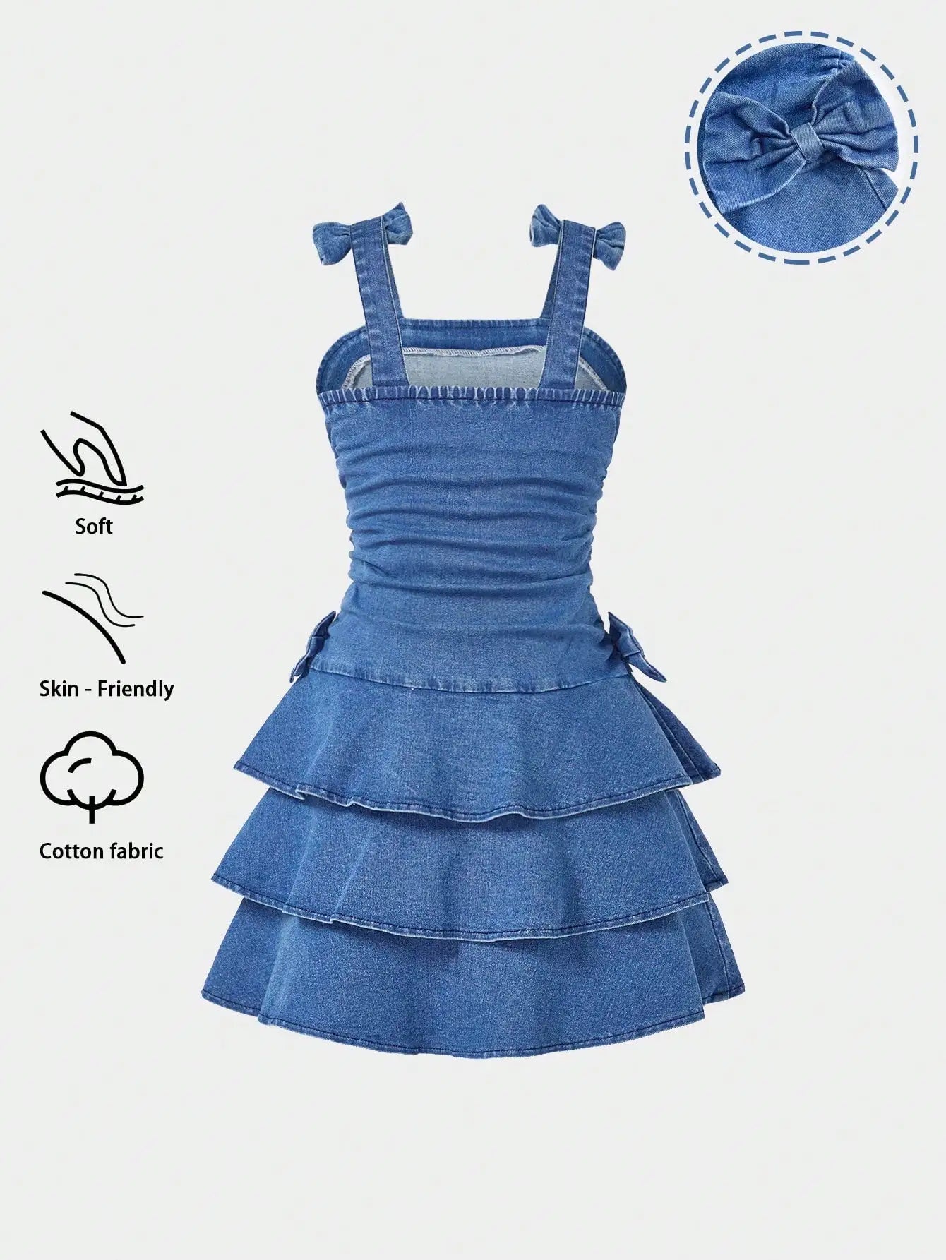 Girls Denim Tiered Ruffle Dress with Bowknot Straps
