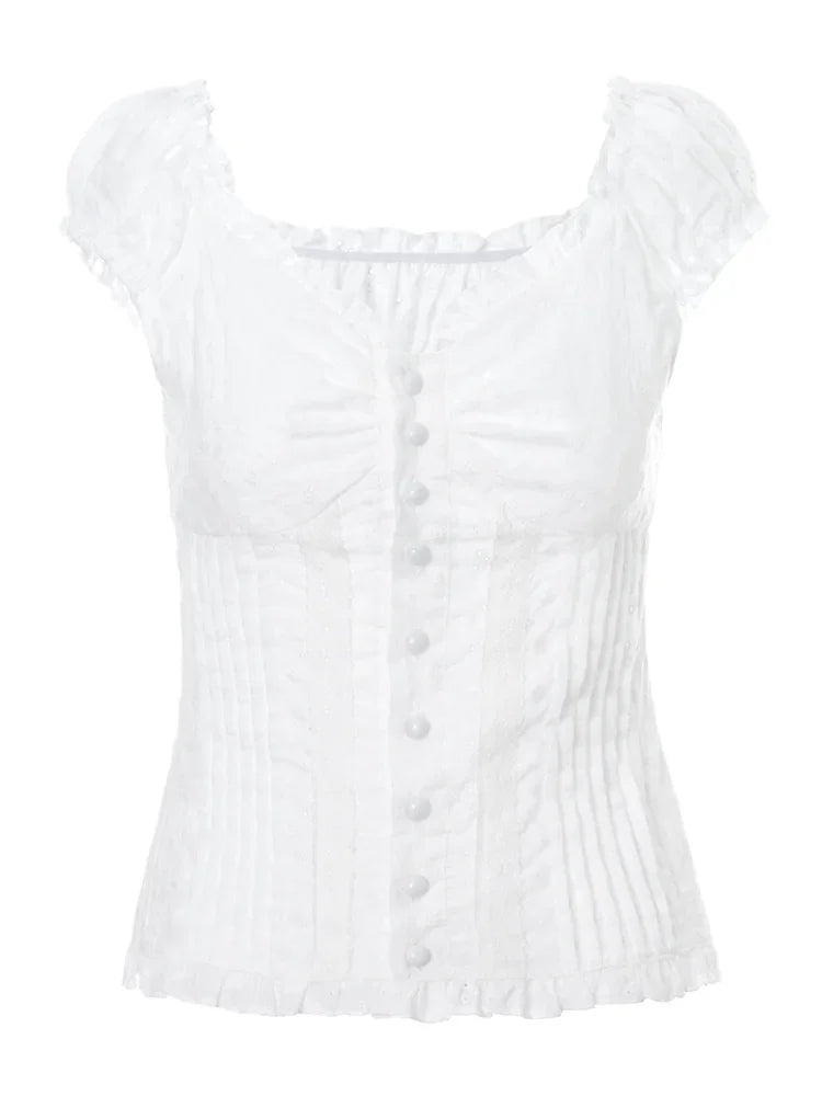 Women Short Sleeve Square Neck Button Down Blouse