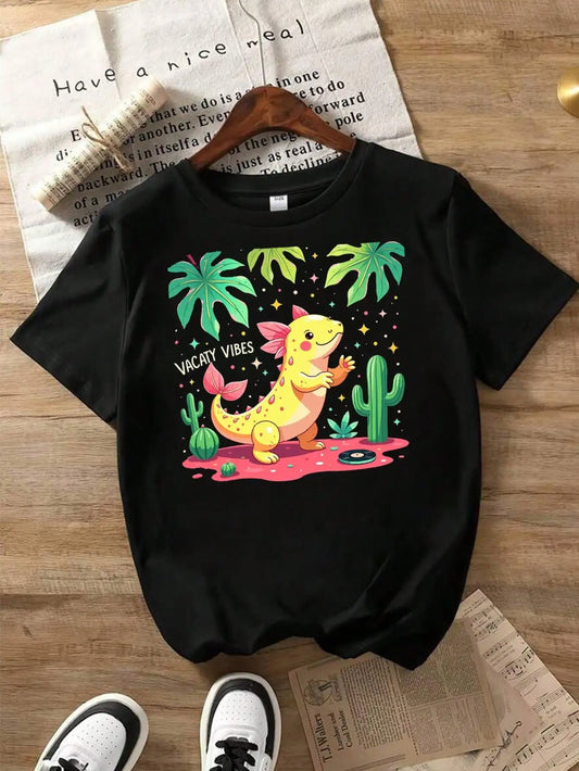 Vacation Vibes - Black Cotton T-Shirt,With Palm Leaves And Cartoon Dinosaur
