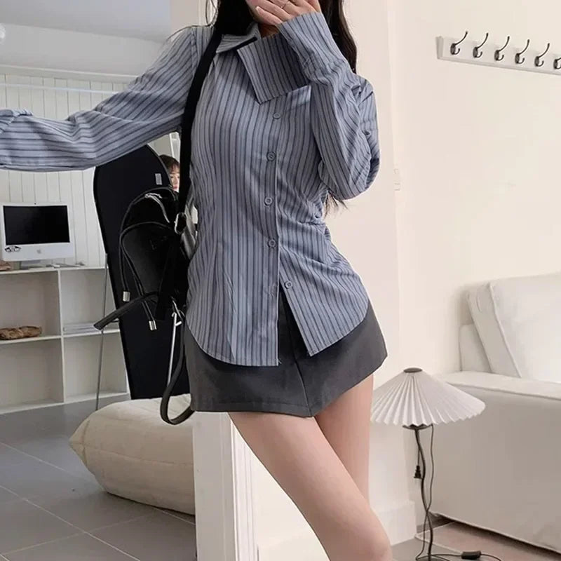 2025 Korean Blue Striped Long Sleeve Shirt Jacket