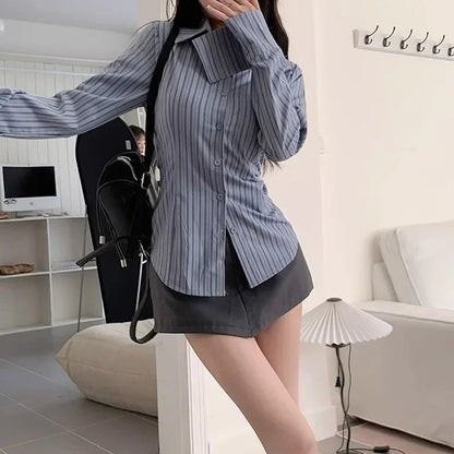 2025 Korean Blue Striped Long Sleeve Shirt Jacket