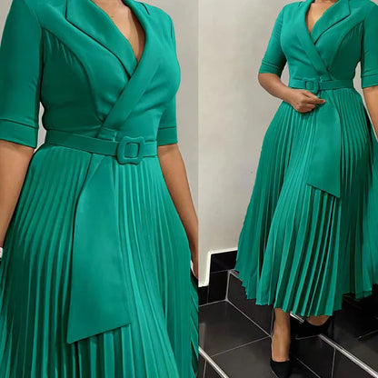 Office Dresses Pleated Notched Collar Half Sleeve Belted Waist Mid Calf
