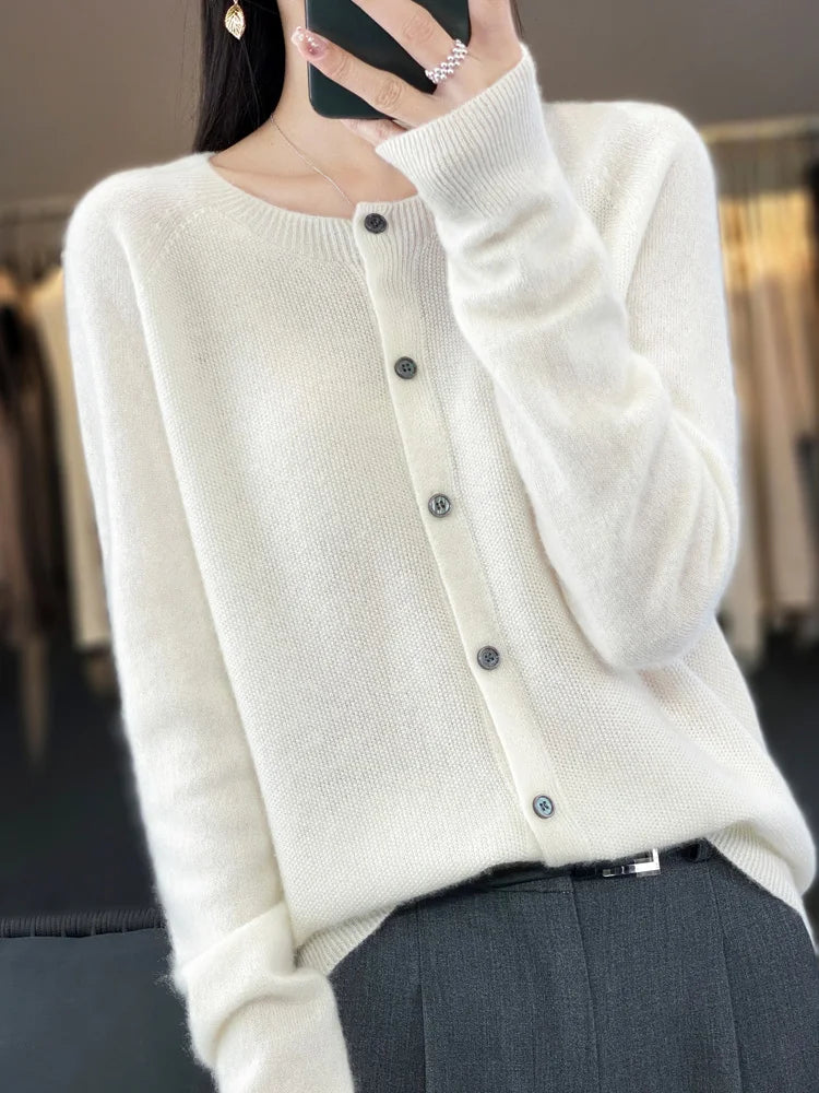 100% Merino Wool Long Sleeve Sweater/Cashmere Cardigan for Spring