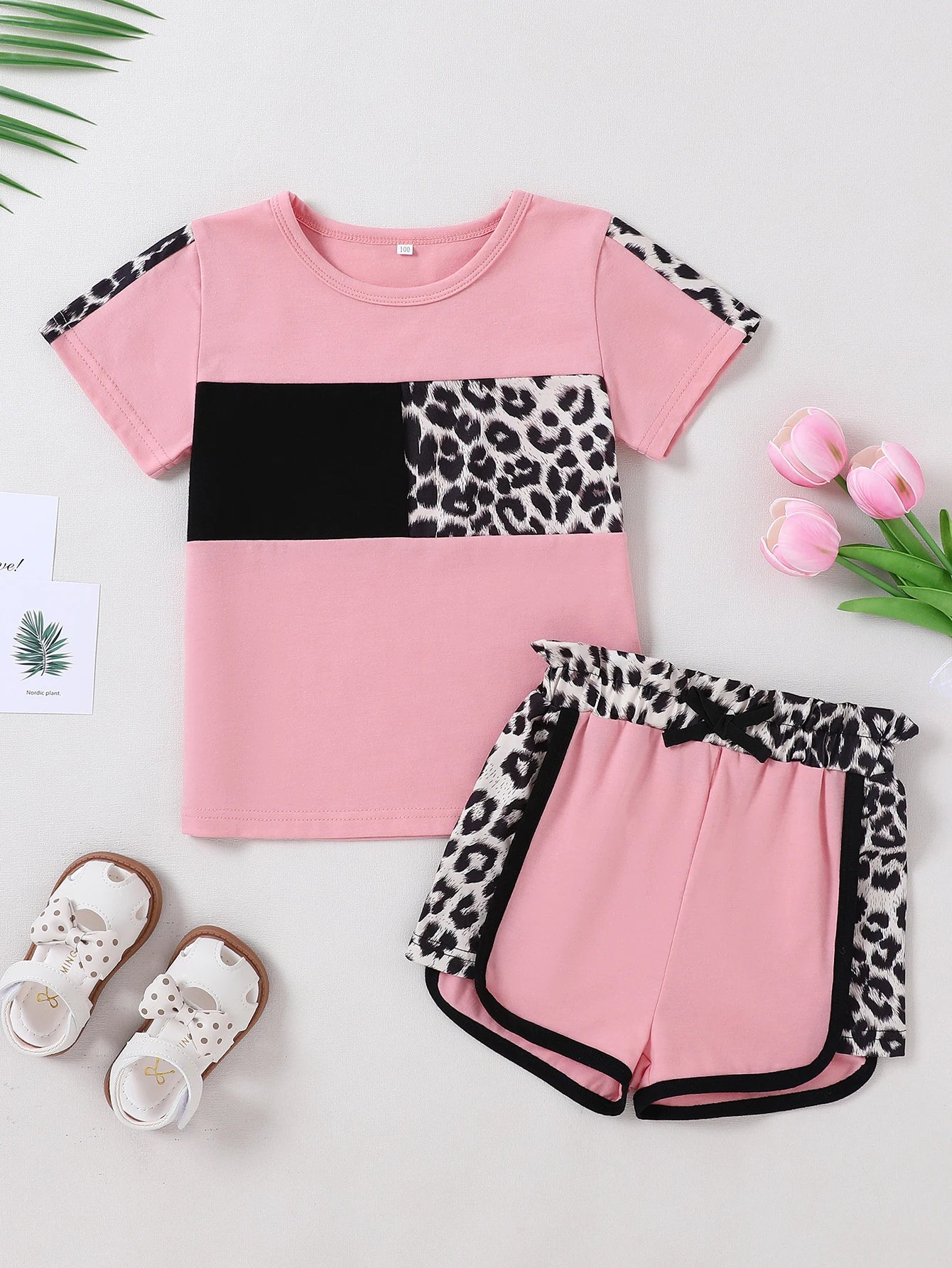Baby Girl  Short Sleeve T-shirt Tops with Leopard Camo Printed Shorts Set