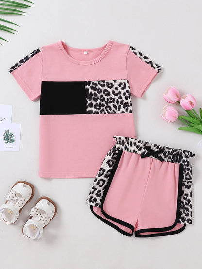 Baby Girl  Short Sleeve T-shirt Tops with Leopard Camo Printed Shorts Set
