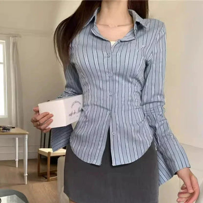 2025 Korean Blue Striped Long Sleeve Shirt Jacket