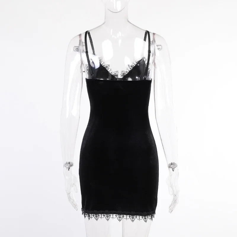 Dark Cross Vintage, Black Mini Dress with high Waist, Slit and  Spaghetti Strap