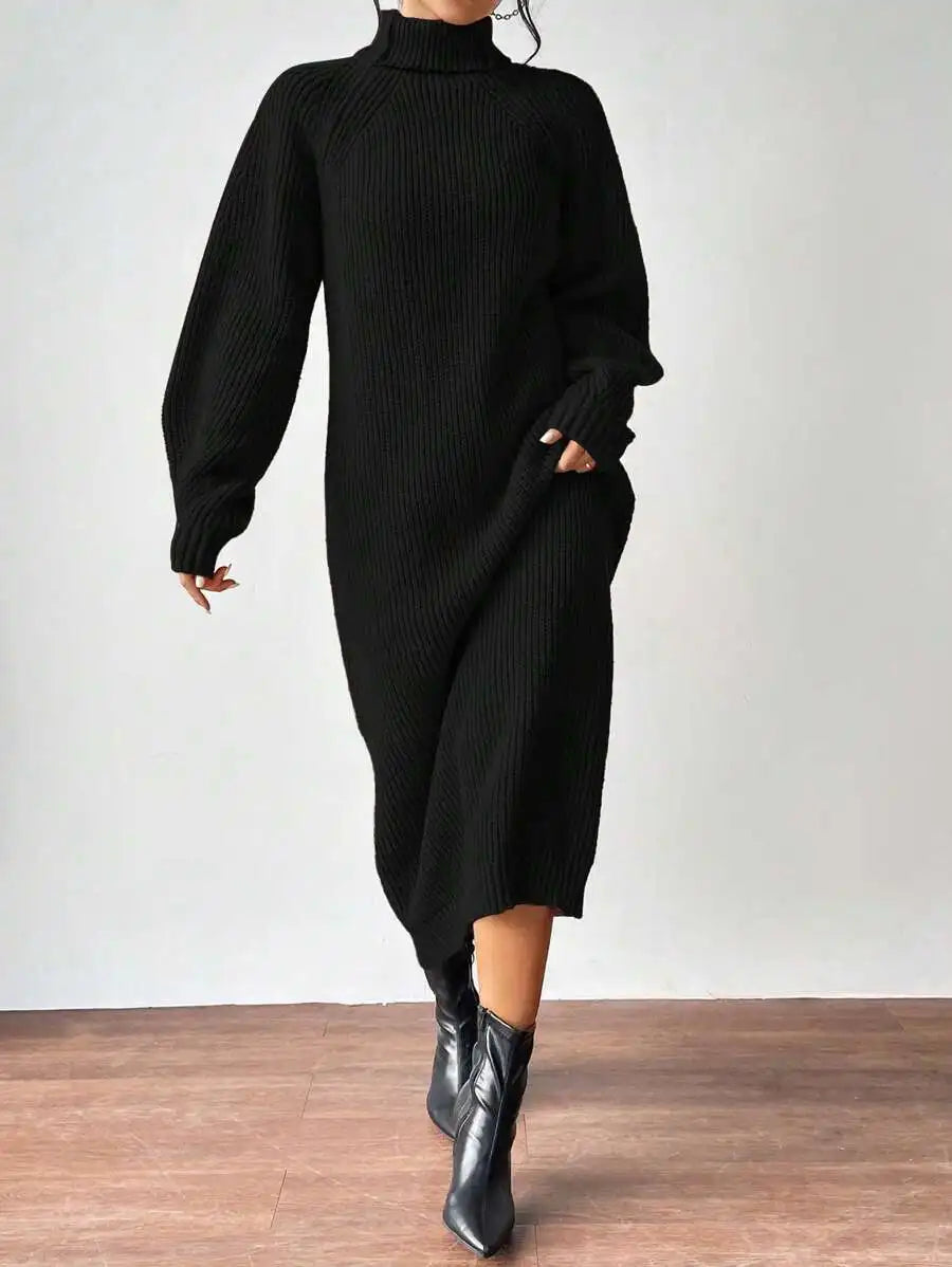 Black Turtleneck Ribbed Knit Long Sleeve Sweater Dress for Women
