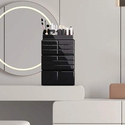 Makeup Cosmetic Organizer with 12 Drawers with Display Boxes & Case (Black)