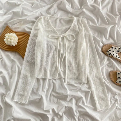 White Tie Up Summer Sunscreen Cardigan Women Long Sleeve Sheer Mesh Crop Tops Woman Casual Lace Thin Sun Protection Shirts😊

Women White Tie Up Sunscreen Long Sleeve Mesh Cardigan