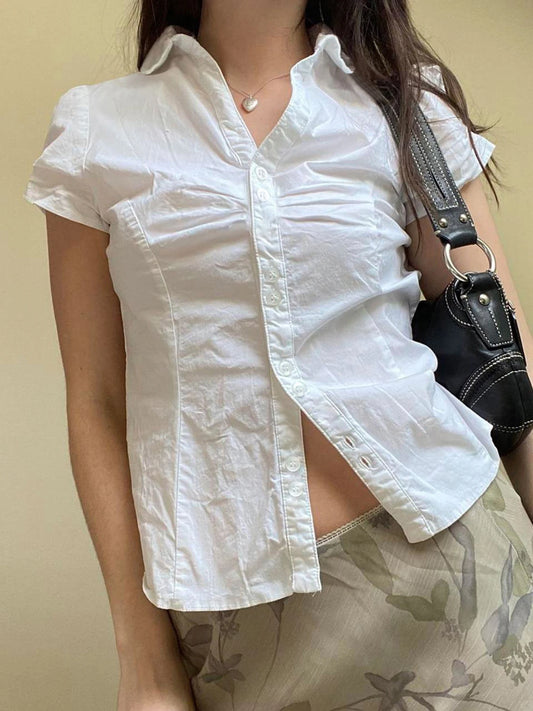 Solid Shirring Button Up Turn Down Collar Short Sleeve Shirts