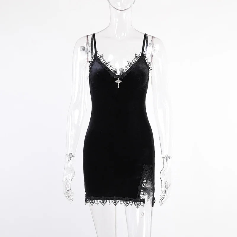 Dark Cross Vintage, Black Mini Dress with high Waist, Slit and  Spaghetti Strap