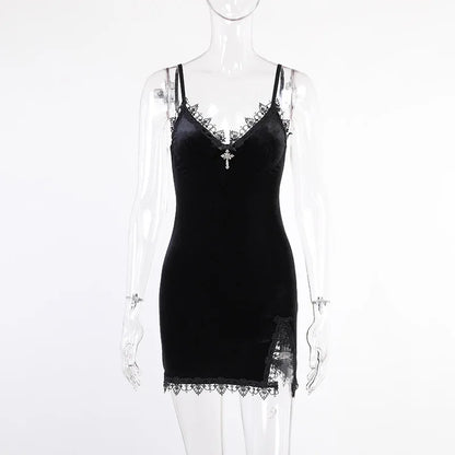 Dark Cross Vintage, Black Mini Dress with high Waist, Slit and  Spaghetti Strap