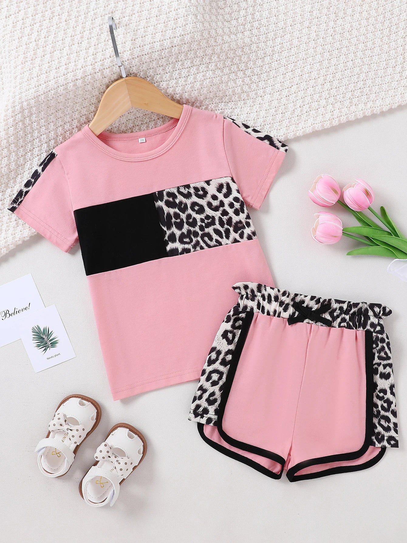 Baby Girl  Short Sleeve T-shirt Tops with Leopard Camo Printed Shorts Set