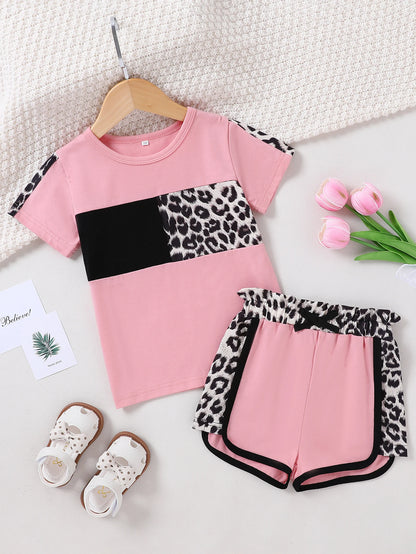 Baby Girl  Short Sleeve T-shirt Tops with Leopard Camo Printed Shorts Set