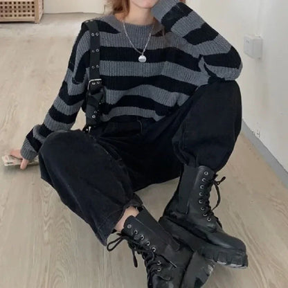 Korean Style Oversized Striped Cropped Sweater