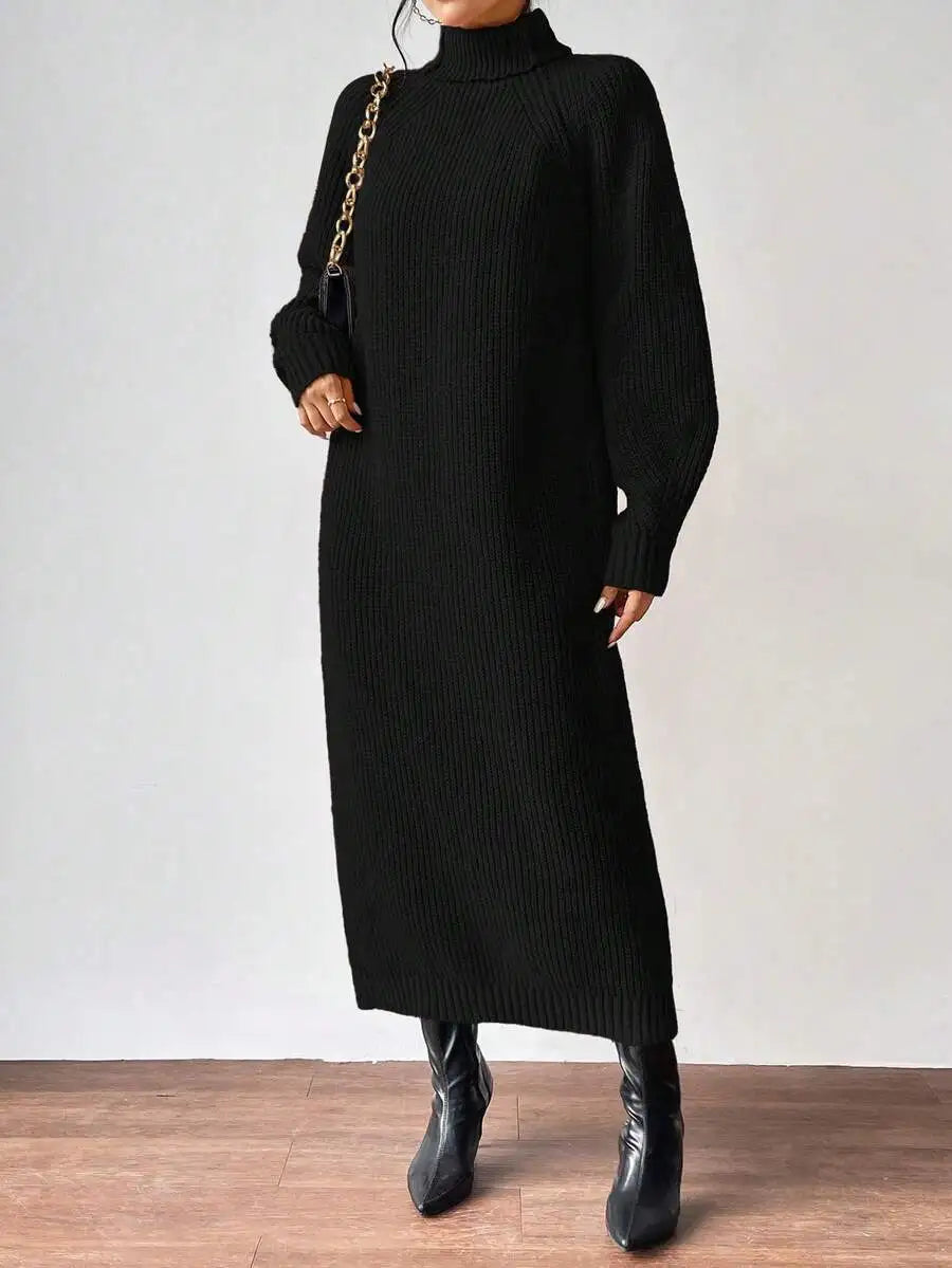 Black Turtleneck Ribbed Knit Long Sleeve Sweater Dress for Women