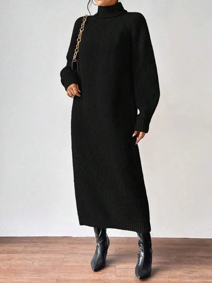 Black Turtleneck Ribbed Knit Long Sleeve Sweater Dress for Women