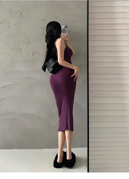 Elegant Red Sexy Bodycon Turtleneck Midi Dress for Women