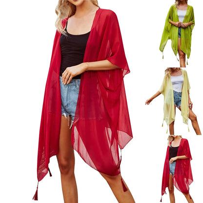 Womens Solid Color Kimono Sheer Cardigan