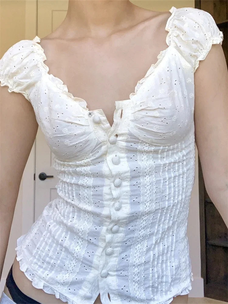 Women Short Sleeve Square Neck Button Down Blouse