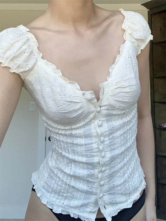 Women Short Sleeve Square Neck Button Down Blouse