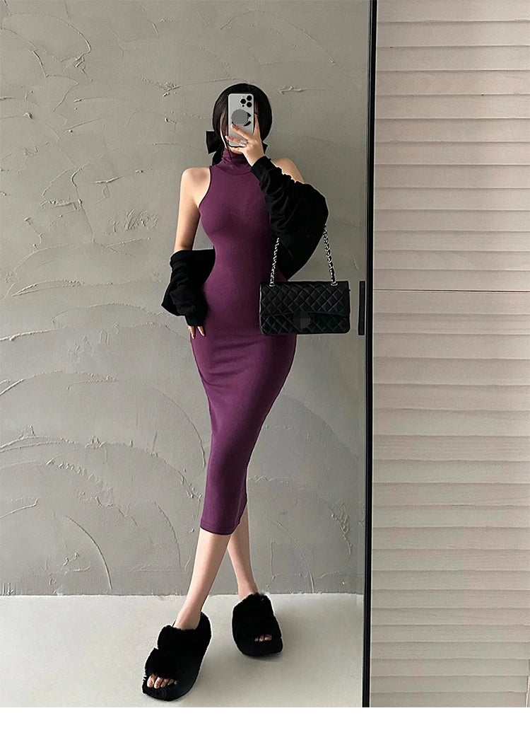 Elegant Red Sexy Bodycon Turtleneck Midi Dress for Women