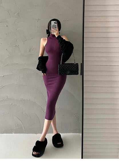 Elegant Red Sexy Bodycon Turtleneck Midi Dress for Women