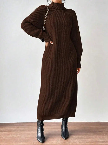 Black Turtleneck Ribbed Knit Long Sleeve Sweater Dress for Women