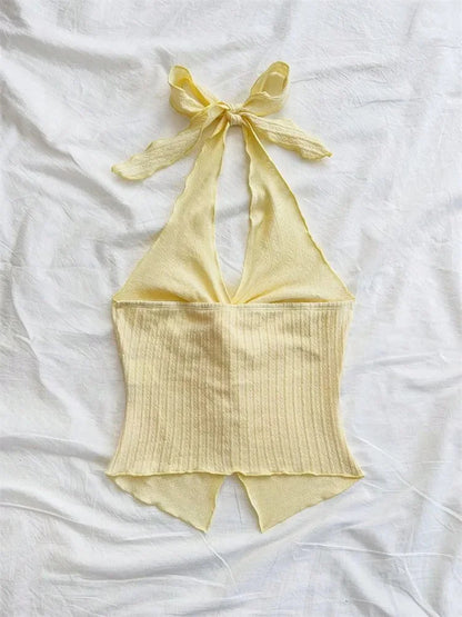 Yellow V-neck Halter Neck Top for Women