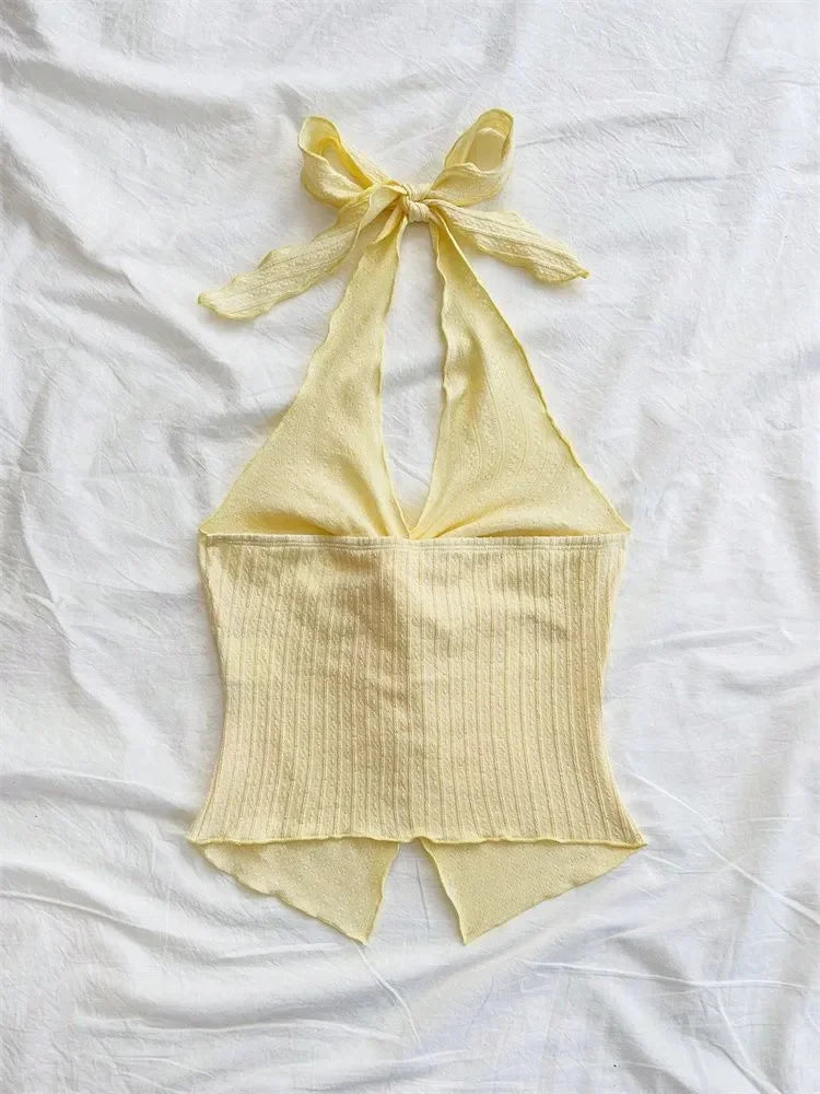 Yellow V-neck Halter Neck Top for Women