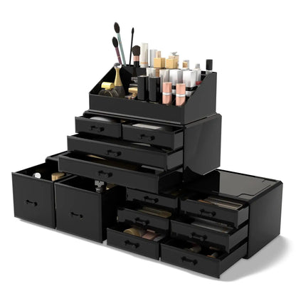 Makeup Cosmetic Organizer with 12 Drawers with Display Boxes & Case (Black)