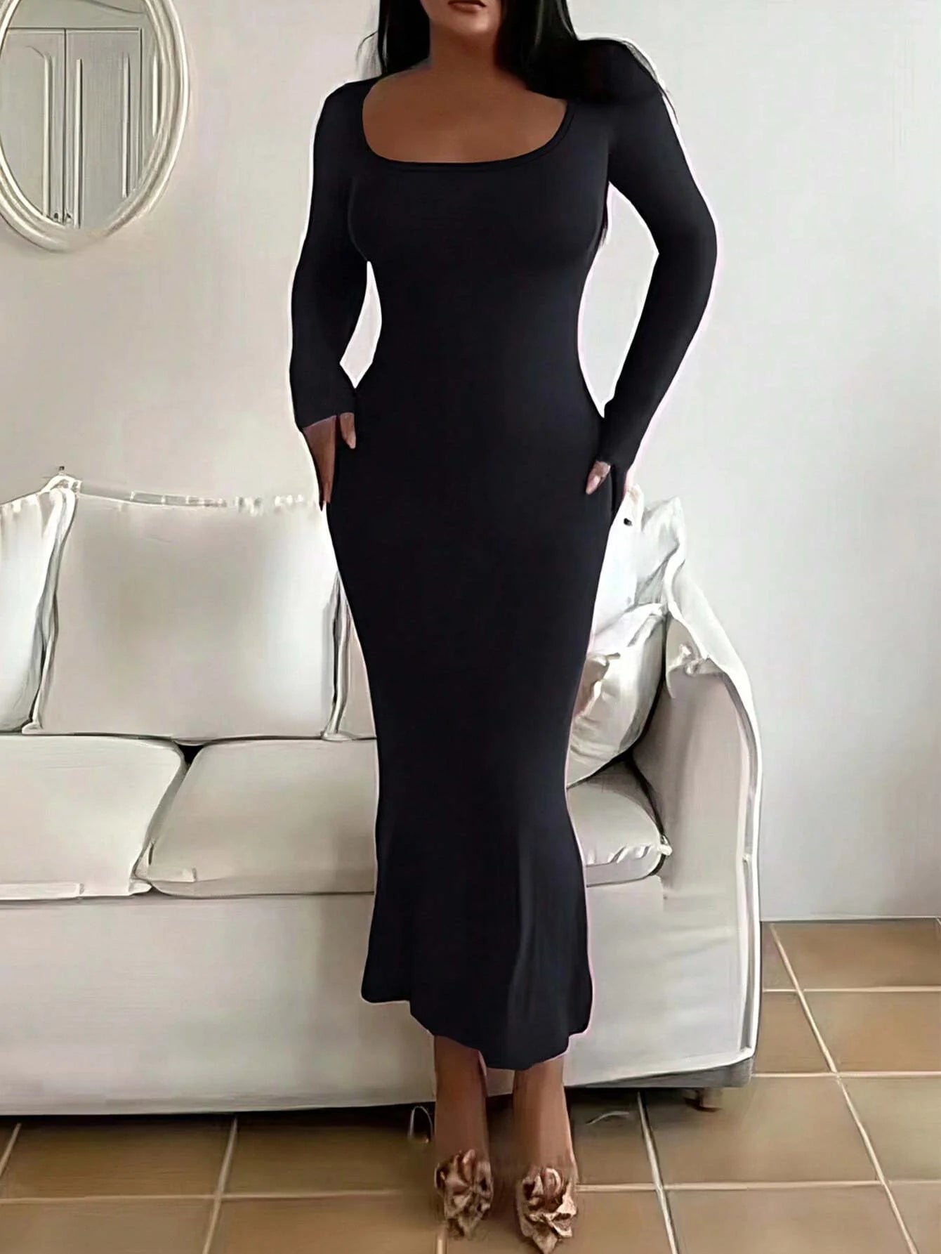 Women's Chic Soop Neck  Solid Long Sleeve Bodycon Dress,