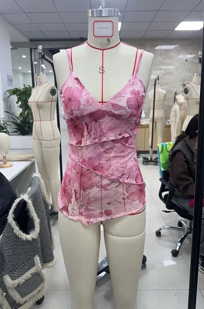 Women Summer Vintage Sleeveless Spaghetti Strap Floral Print Crop Top